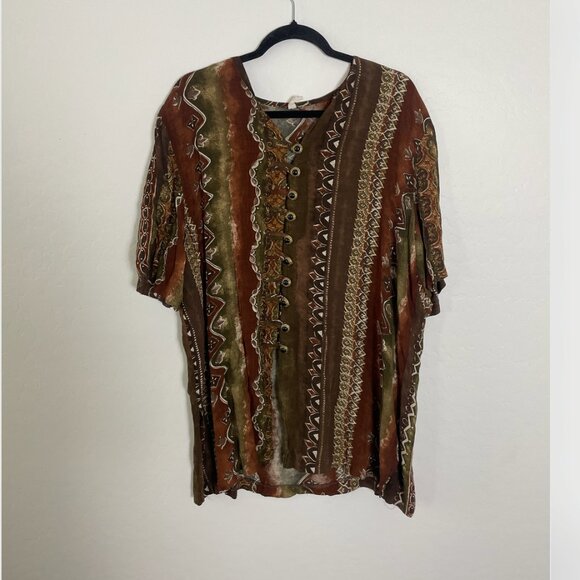 Aztec Button Tunic Duster Hipster Hippie Artsy Boho Bohemian Hip Blouse Top - Picture 2 of 6